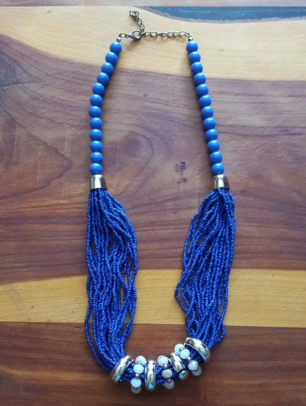 Chunky Cobalt Royal Blue Multi-Strand Seed Bead Necklace Gold White Accents